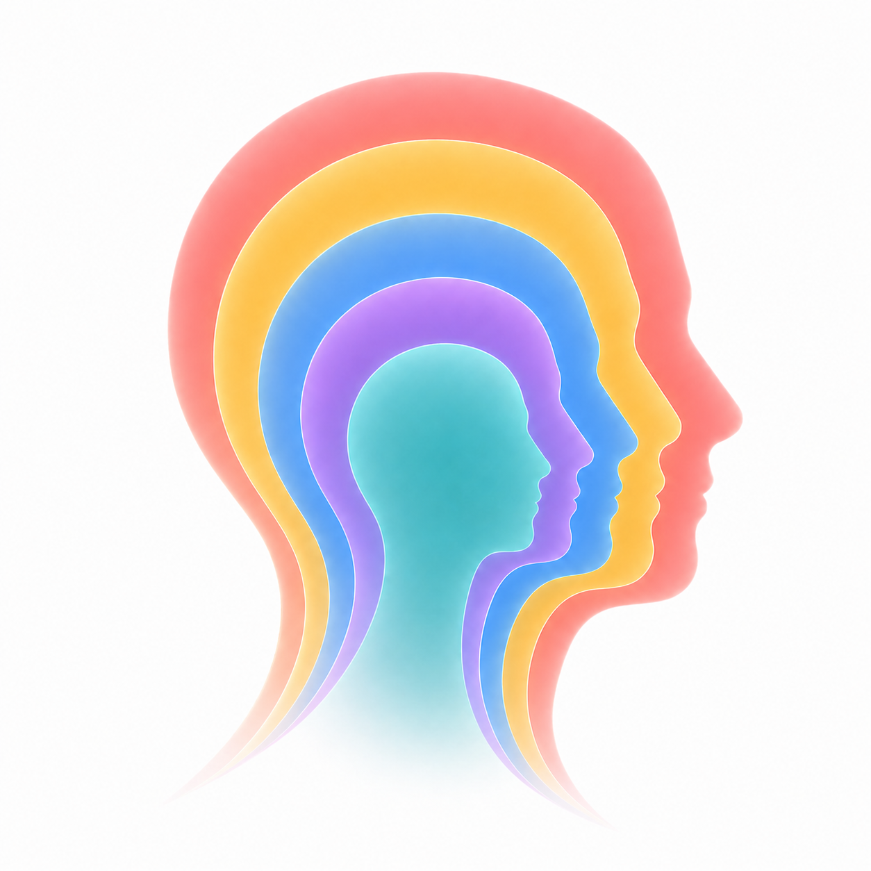 Abstract watercolor illustration of layered human profiles representing different natural thinking lenses.