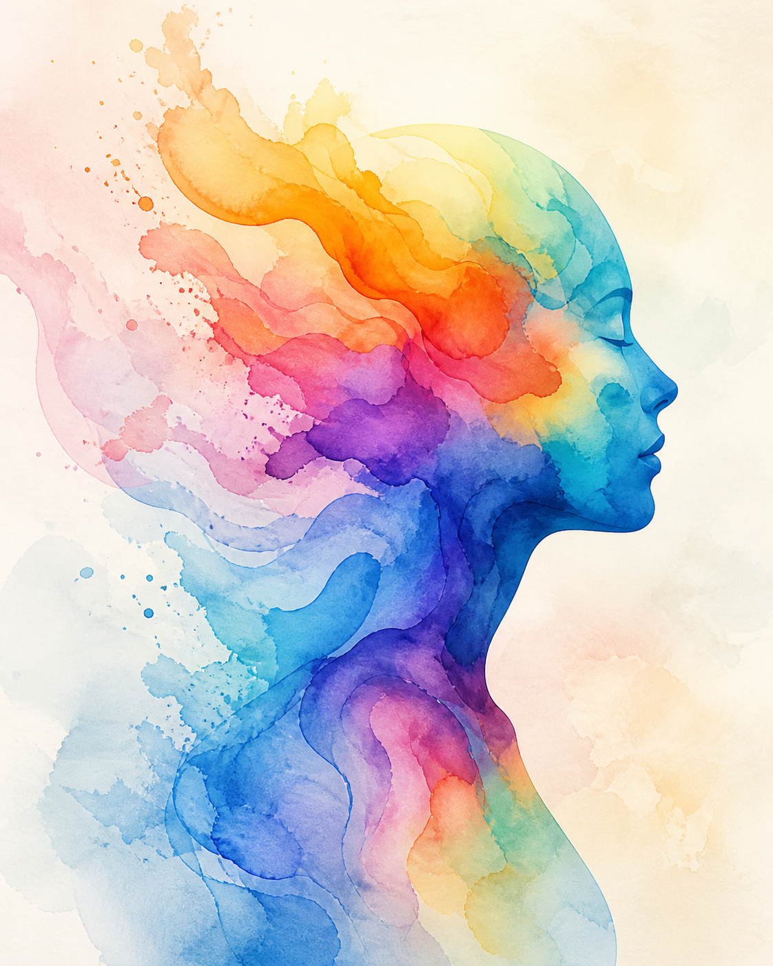 Watercolor illustration of a human head silhouette filled with vibrant flowing colors representing thought patterns and mental clarity.