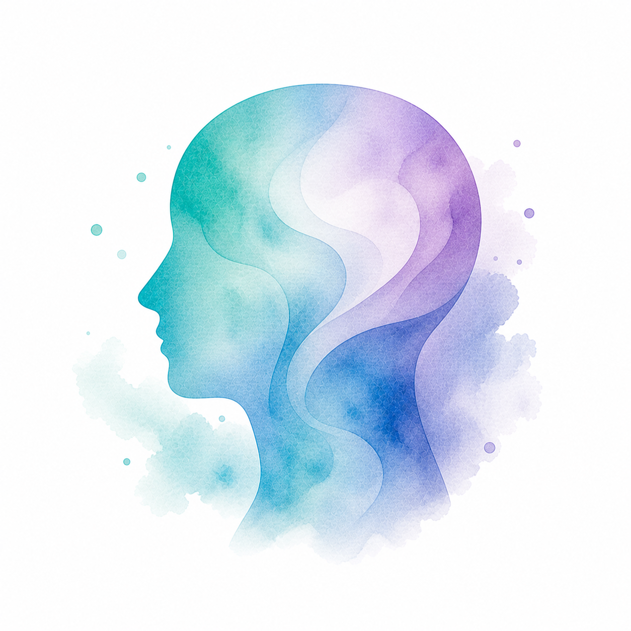 Soft watercolor head silhouette in teal, blue, and purple representing personal clarity and inner thought patterns.