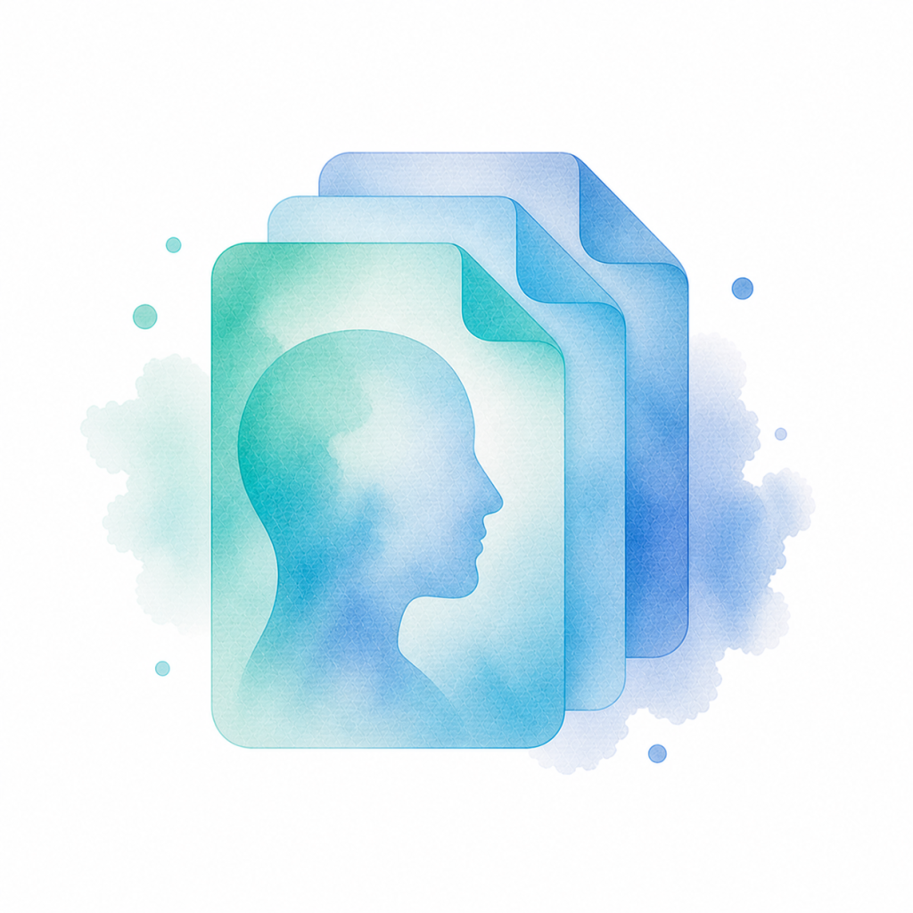 Watercolor icon of three layered abstract pages with a subtle head silhouette, representing the essential Personal Snapshot Report.