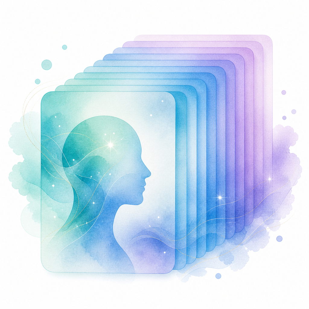 Watercolor icon of multiple layered abstract pages with a decorative head silhouette, representing the deeper Personalized Personal Report.