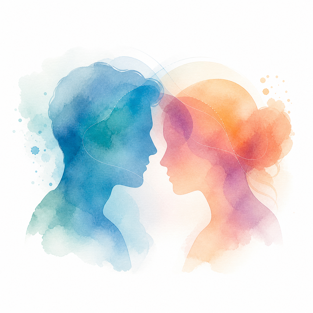 Abstract watercolor illustration of two overlapping human profiles symbolizing connection and relationship dynamics.