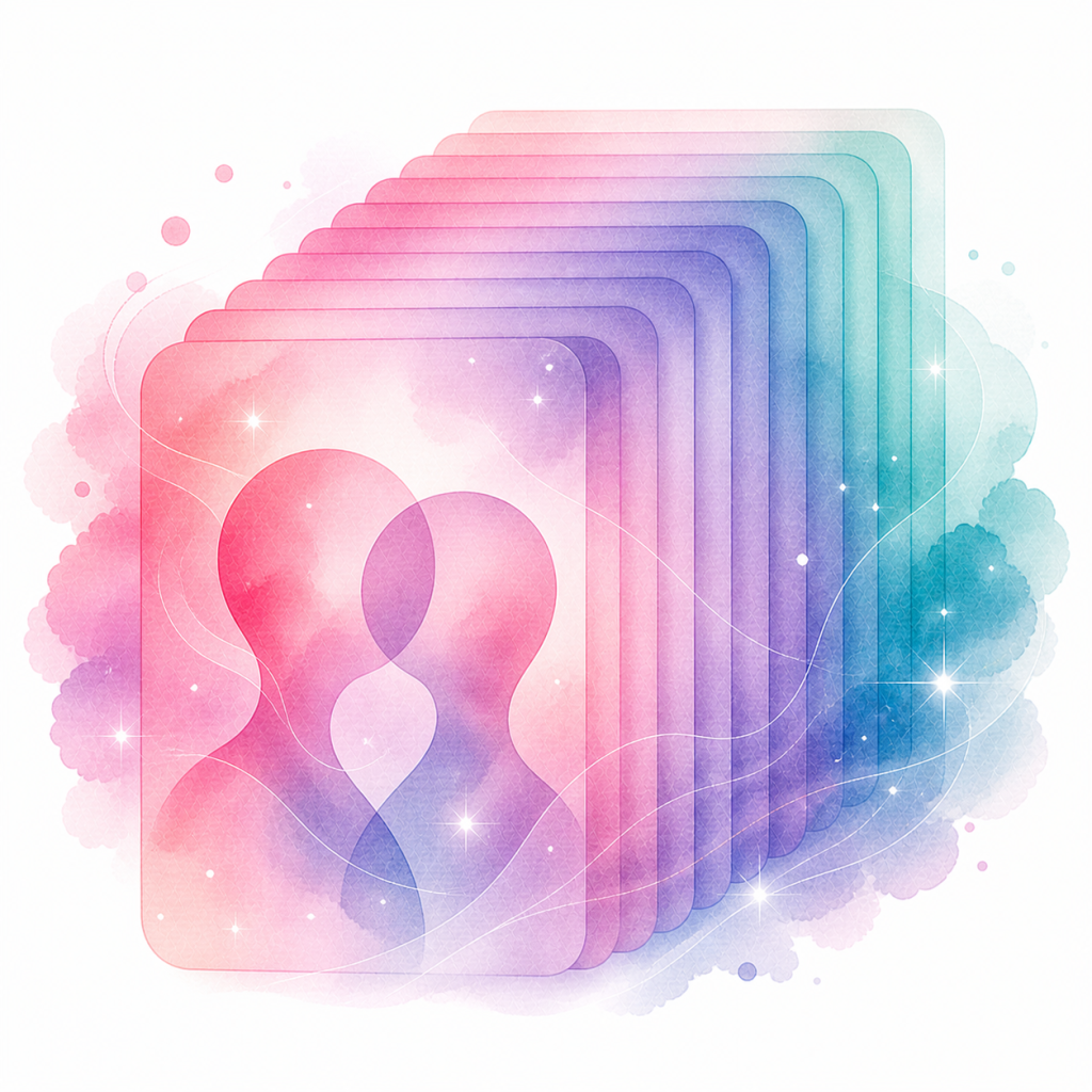 Watercolor icon of multiple layered abstract pages with decorative overlapping shapes representing deeper relationship insights.