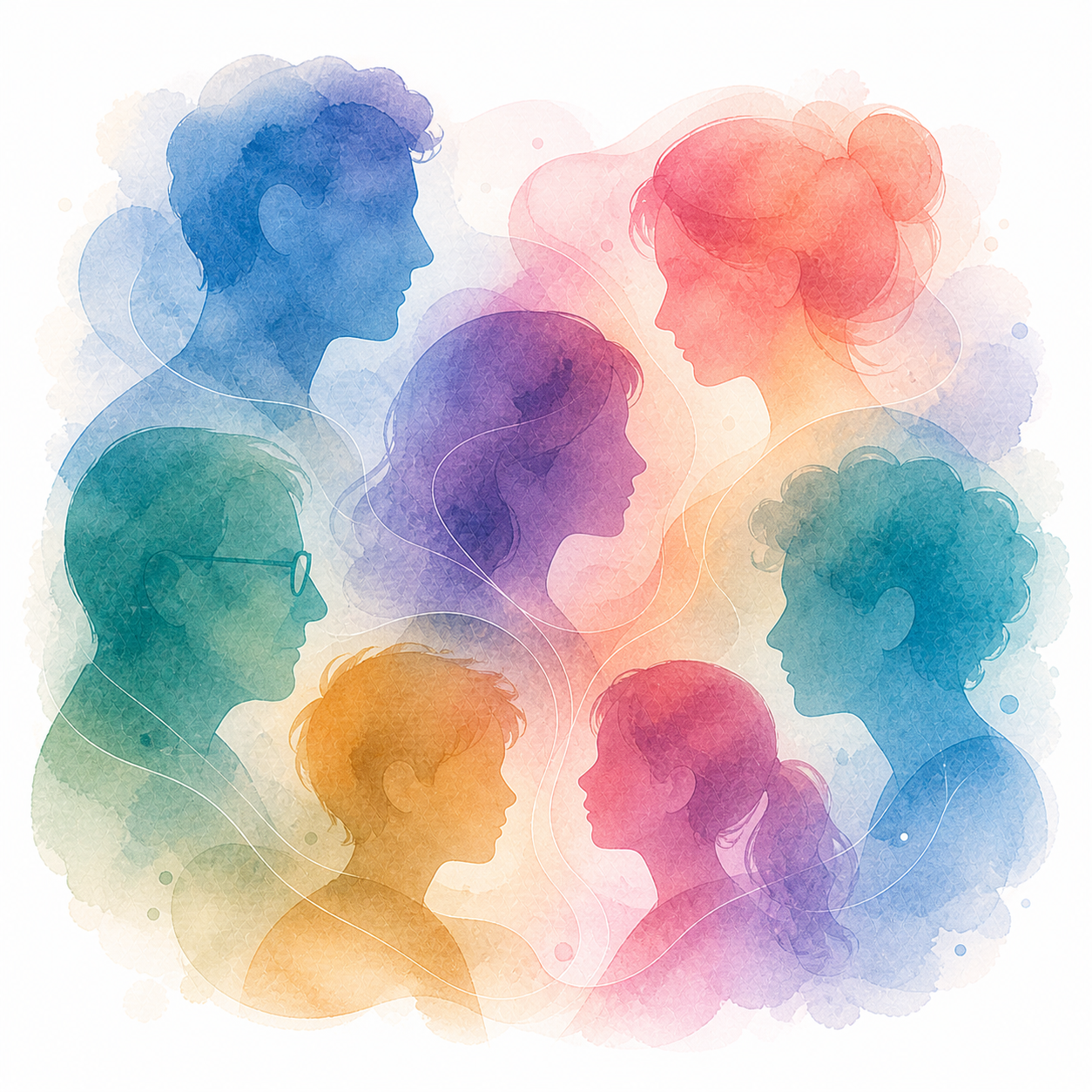 Abstract watercolor illustration of multiple overlapping human profiles symbolizing diverse family thinking patterns.