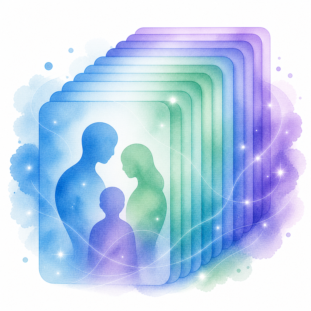 Watercolor icon of multiple layered abstract pages with adult‑and‑child shapes representing a full family assessment.
