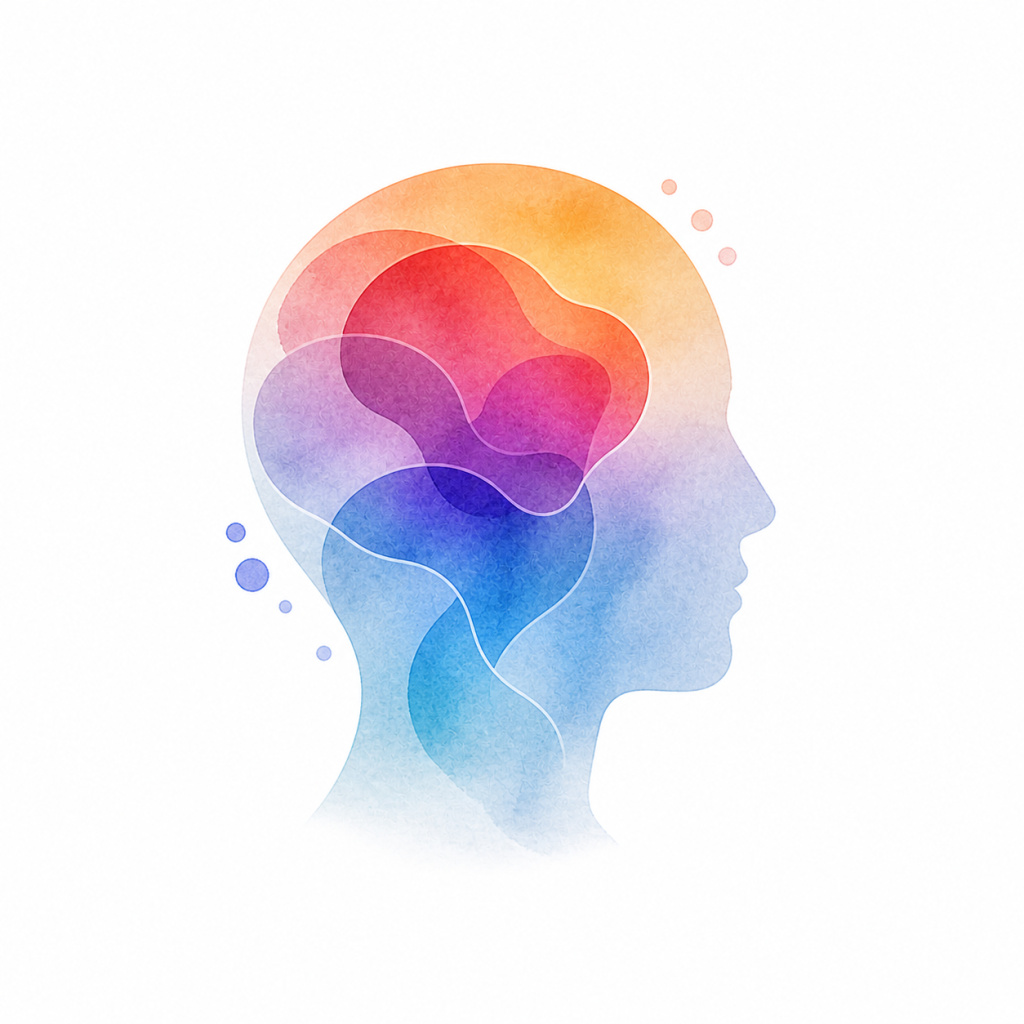 Minimal watercolor icon of a head silhouette with subtle internal shapes representing stress‑related thinking patterns.