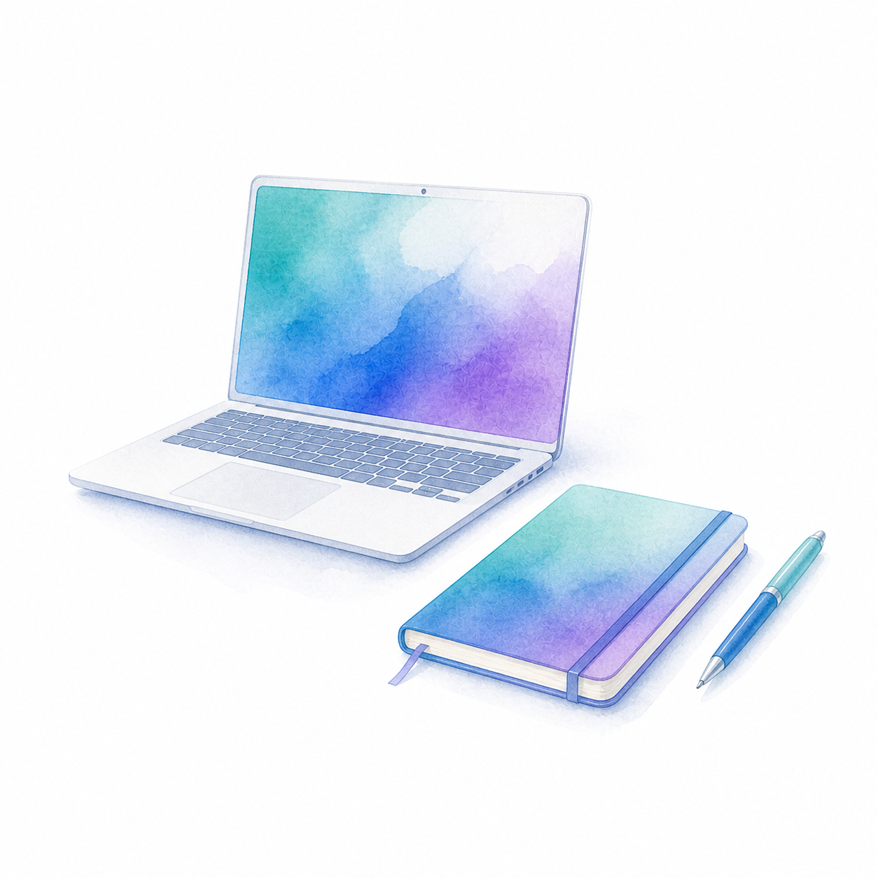 Minimal watercolor illustration of a clean workspace with a laptop and notebook.
