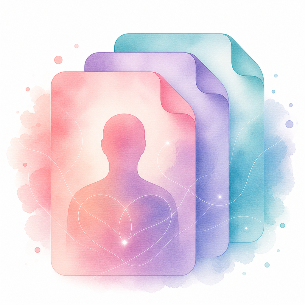 Watercolor icon of three layered abstract pages with a single adult‑neutral silhouette representing individual relationship patterns.