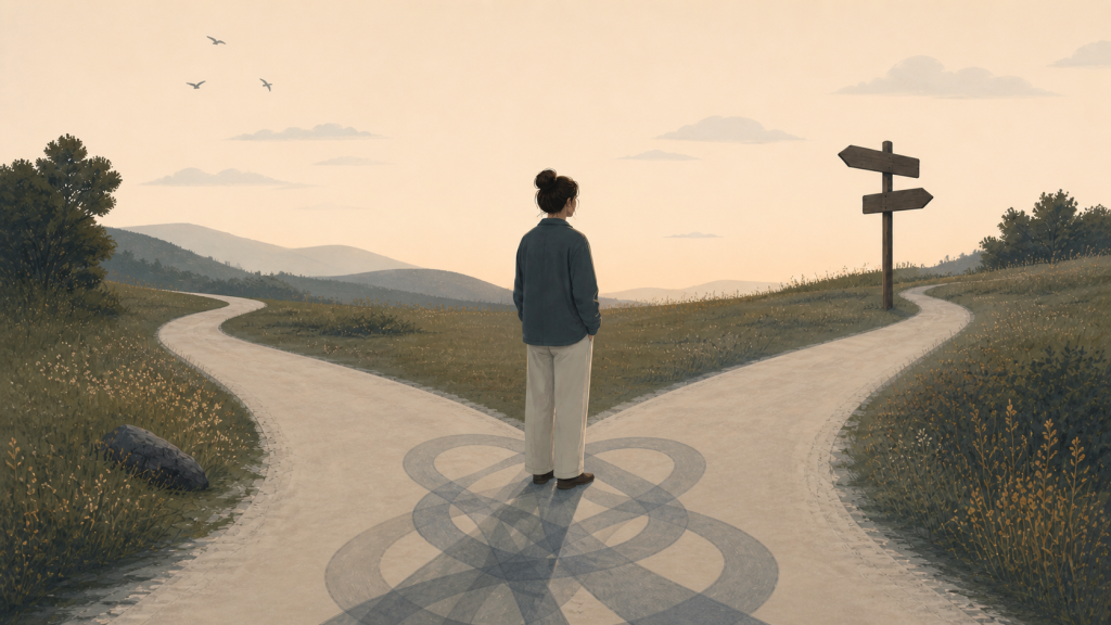 A person standing at a quiet crossroads with soft overlapping shadows, symbolising repeated emotional patterns and moments of self reflection.