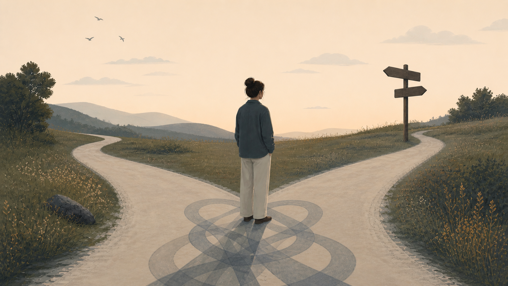 A person standing at a quiet crossroads with soft overlapping shadows, symbolising repeated emotional patterns and moments of self reflection.