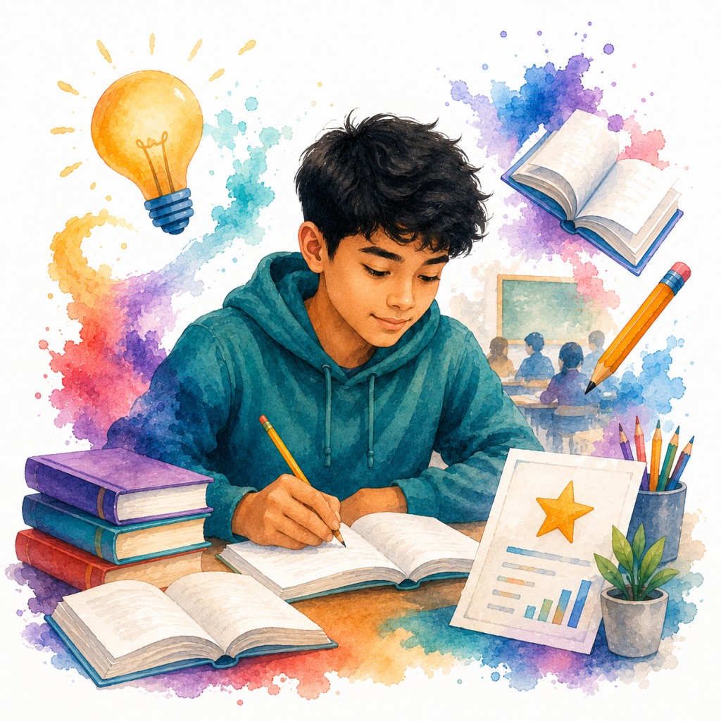 A student studying at a desk with books, a lightbulb, and a Mind Modes® learning style report