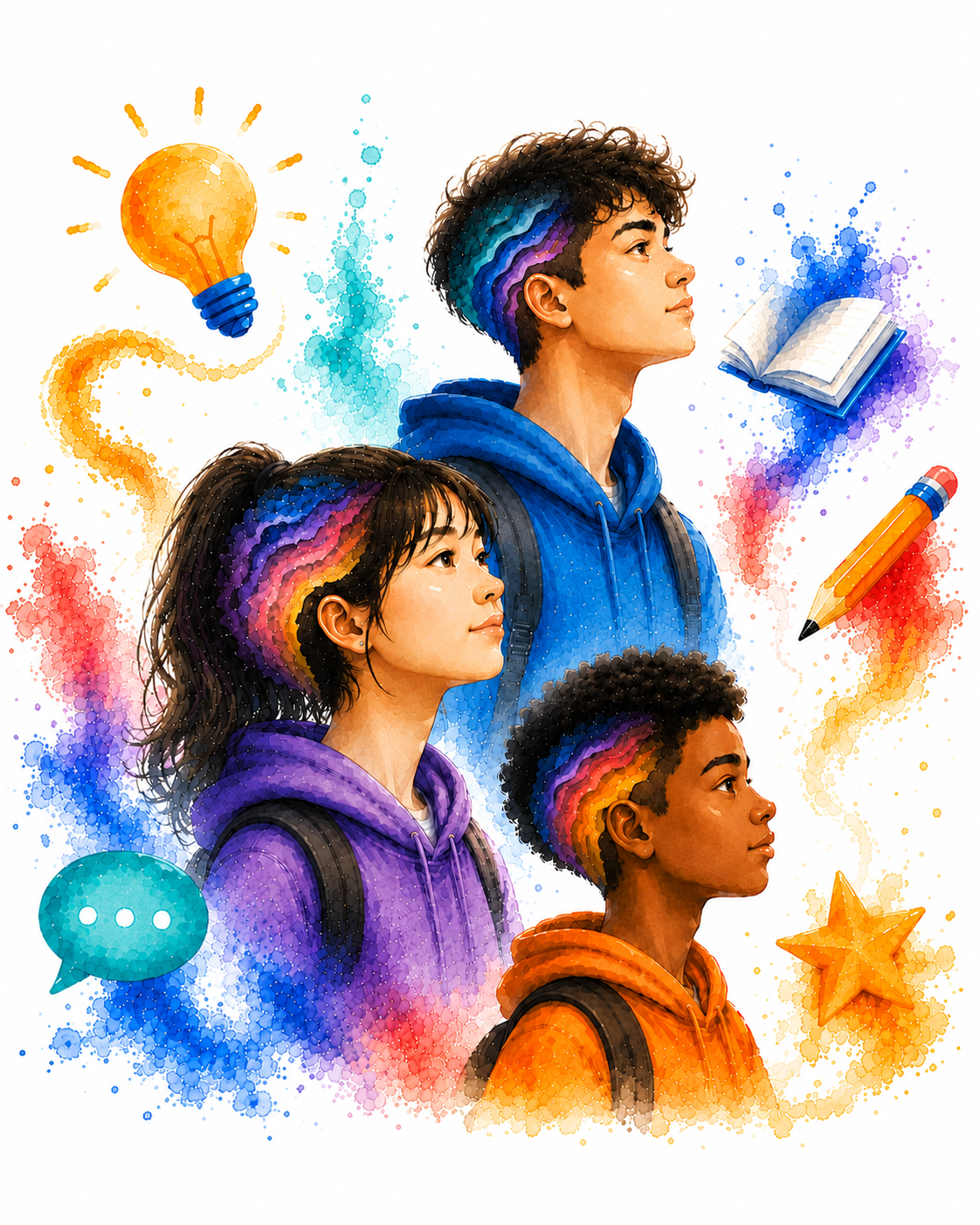 Three students with colourful layered Mind Modes® patterns, representing different learning styles